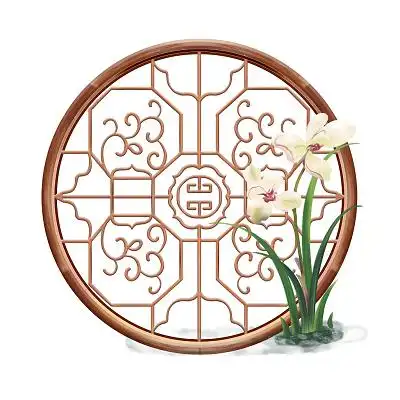 中国风古风圆形木制浮雕精致花纹小轩窗兰花水彩窗户气窗元素