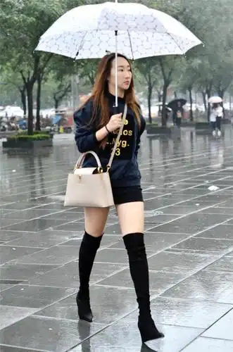 秋天适合搭配长靴,在秋雨下穿着过膝靴,保暖又时尚