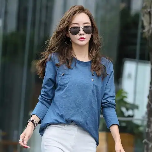 2020初春女装大码竹节纯棉木质纽扣口袋打底衫女长袖t恤百搭韩版