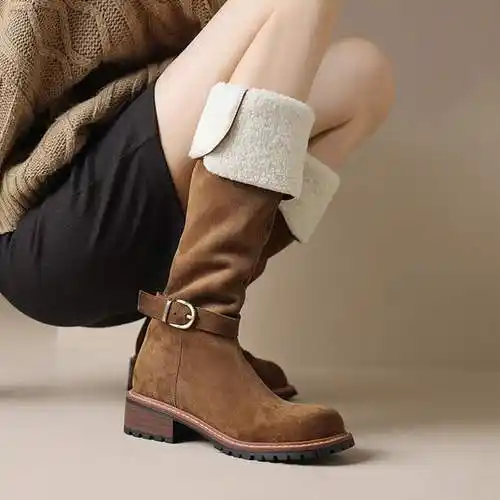 真皮保暖长靴女冬季加绒加厚羊羔毛粗跟长筒靴复古高筒靴子骑士靴