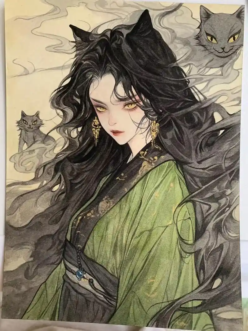 重制版——猫妖.#画画 #古风 #国风古韵 #国风 #手绘 - 抖音