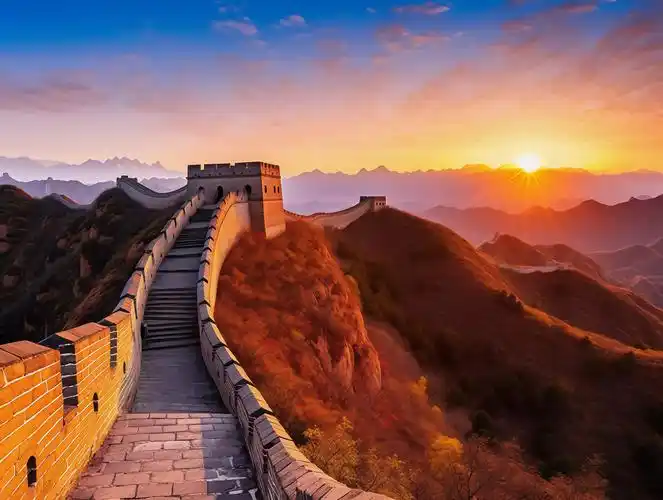 夕阳下的雄伟长城中国著名景点旅行山河辽阔