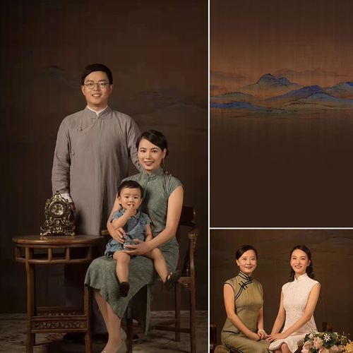 深色系室外山水画全家福油画背景布复古民国风中式旗袍影楼摄影艺术