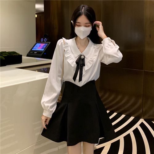 裙子的上衣时尚洋气白色衬衫早秋季法式纯欲学院风气质设计 黑色半身