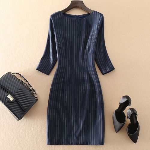 欧美大牌高端女装秋装新款裙子条纹显瘦修身连衣裙
