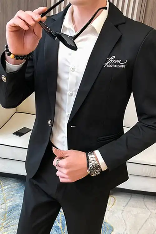 西服两件套男士西裤韩版修身潮流帅气黑色刺绣亮面小西装流行套装