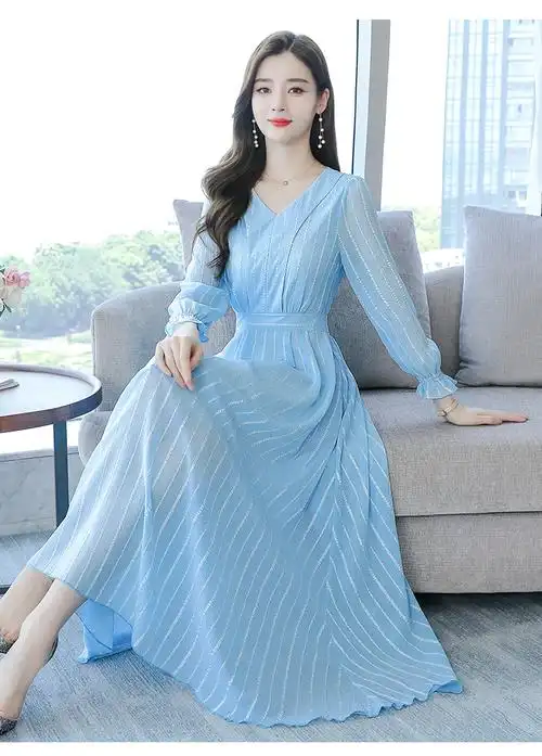 实拍2697#长袖雪纺连衣裙2020秋季新款收腰v领条纹喇叭袖中长裙女