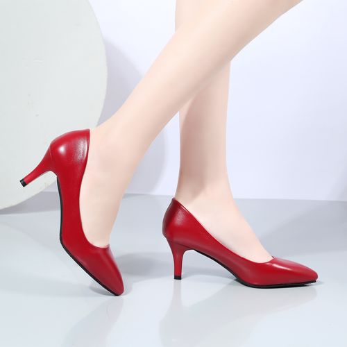 红色高跟鞋女尖头中跟细跟绒面黑色工作职业单鞋皮鞋优雅新娘婚鞋
