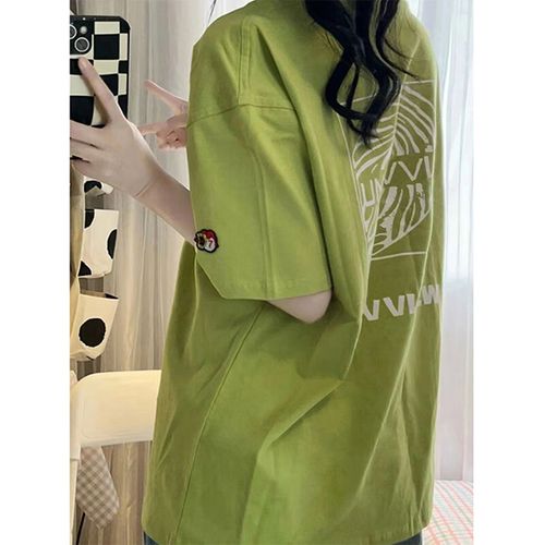 感短袖t恤女夏季2024新款小众宽松洋气减龄百搭正肩学生上衣 m 绿色