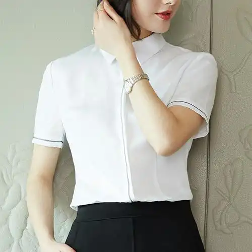 2018夏季新款白衬衫女拼接ol装职业装刺绣上衣面试工作服短袖衬衣白色