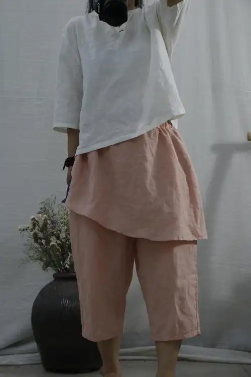 原创苎麻渔夫裤文艺复古七分女裤拼接苎麻裤子2138