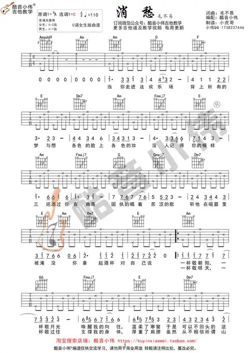 消愁吉他谱毛不易c调女生版酷音小伟编谱