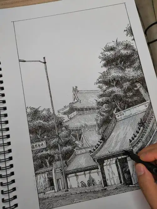 钢笔画古建门楼