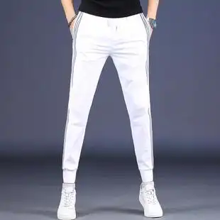夏季薄款男修身轻奢潮牌高端休闲运动裤白色速干丝滑冰丝裤小脚裤