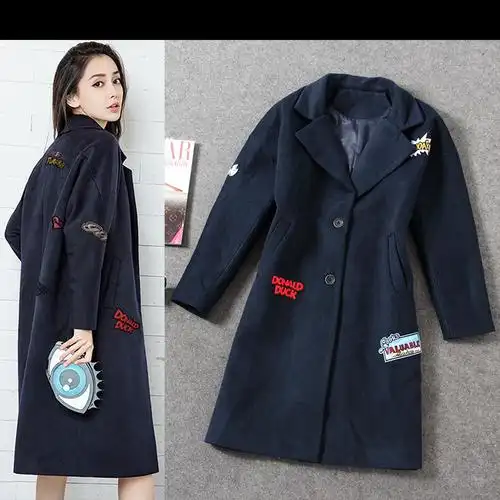 【明星同款】2016秋冬新款 重工英文刺绣绣花呢料大衣长款外套