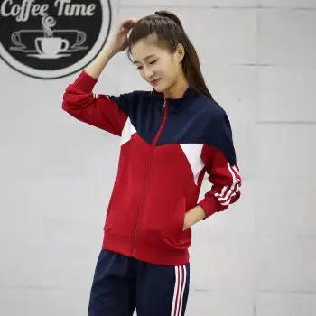 欧曼丹春秋款情侣款男女长袖运动套装初中高中学生校服班制服 红色 女