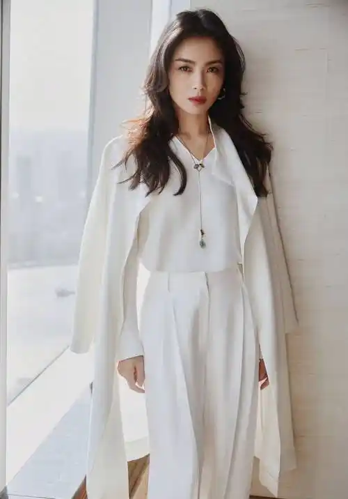 刘涛白色套装优雅生活照写真_短发_长裤_同色系