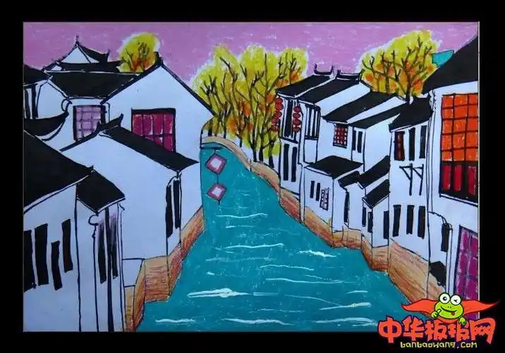 儿童画图片简单又漂亮,江南小镇