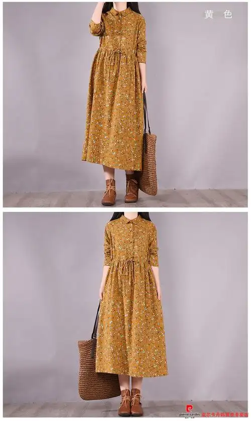 皮尔卡丹官方高档品牌女装亚麻连衣裙2022春秋复古碎花翻领收腰长袖
