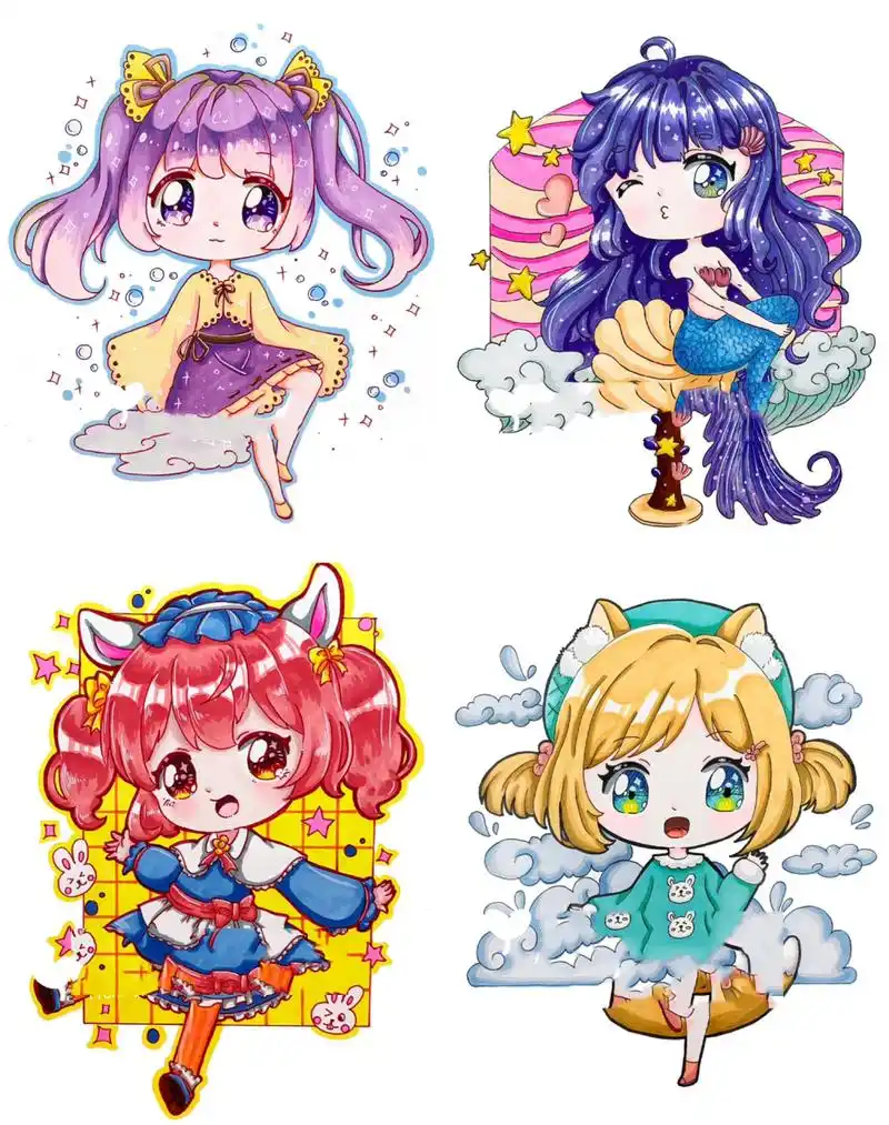 q版动漫/可爱人物/四宫格/马克笔绘画