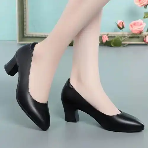 职业鞋春秋空姐久站工作鞋软底皮鞋高跟粗跟单鞋黑色面试工装女鞋