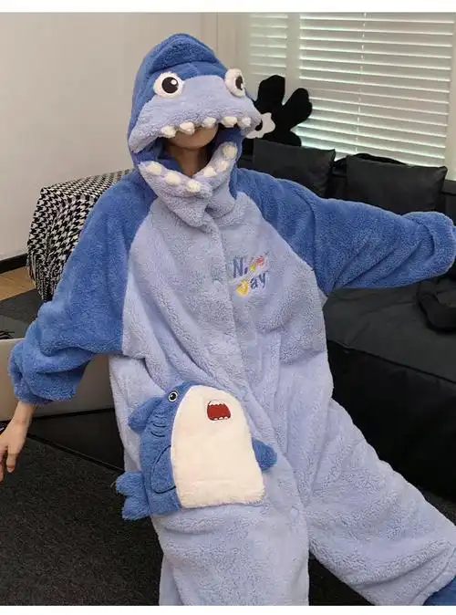 群文件冬季10新款情侣睡袍加厚长毛绒连帽睡衣卡通鲨鱼家居服男女