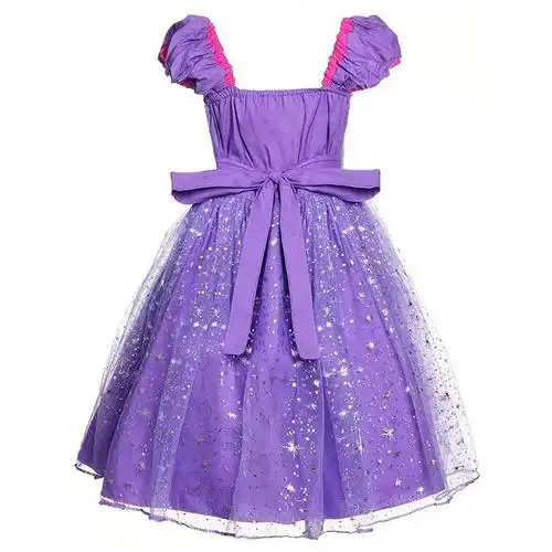 女童长发公主裙21年夏新品儿童女孩无袖紫色泡泡袖礼服蓬蓬连衣裙