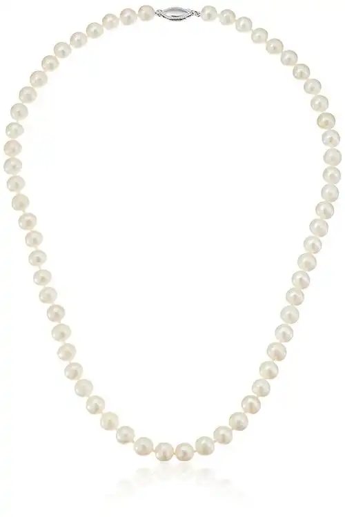镀铑纯银7 – 7.5 mm 白色淡水养殖珍珠串项链45.7 cm