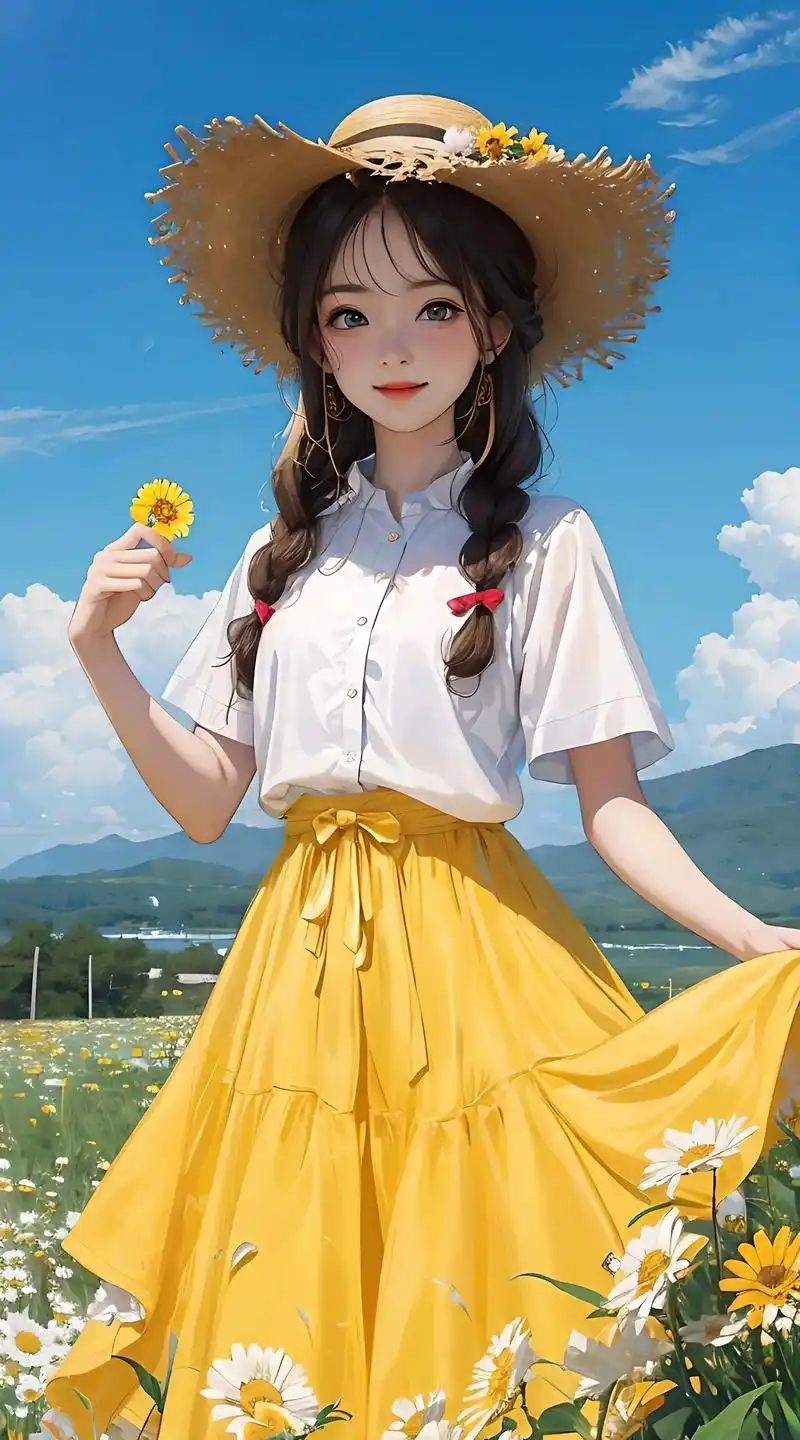 一个非常漂亮可爱的少女,手提花篮,灿烂笑容,头戴草帽,草帽上 - 抖音