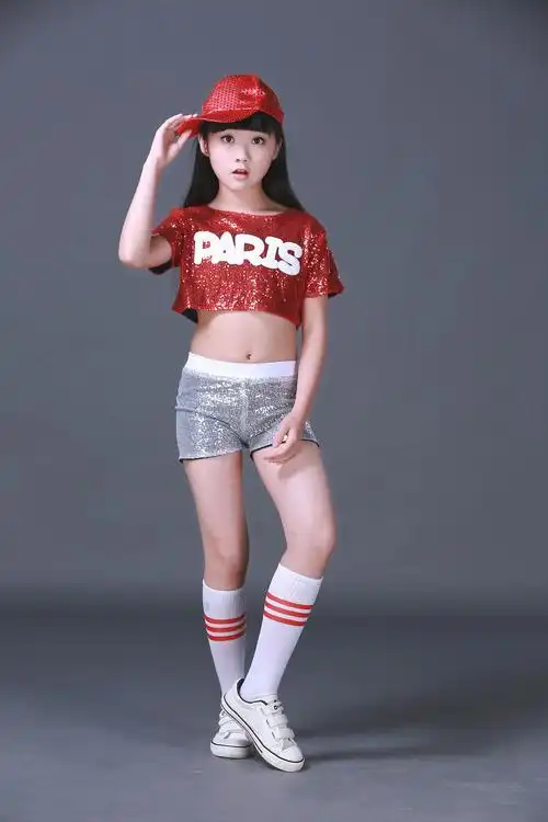 六一新款儿童爵士舞服装漏脐亮片啦啦操演出服装女童街舞现代舞服