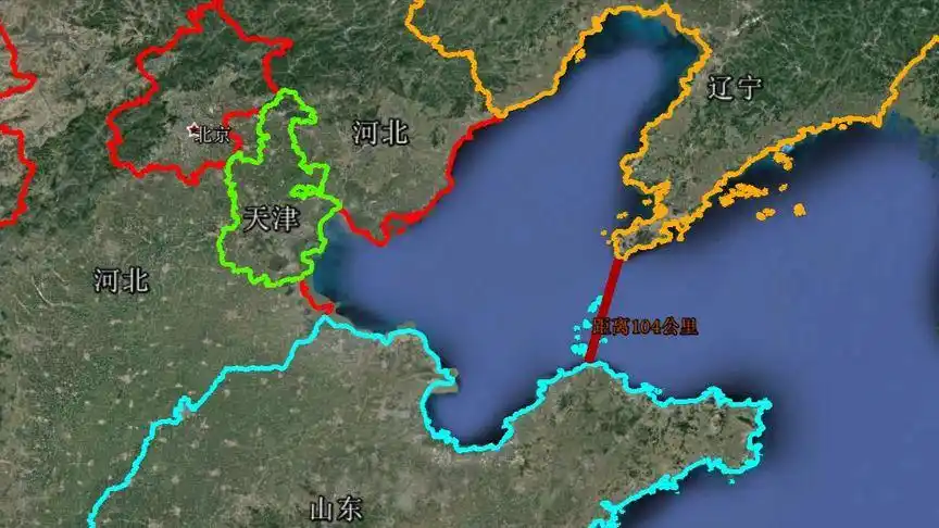 卫星地图看渤海湾如果有跨海大桥,会将辽,冀,津,鲁连在一起
