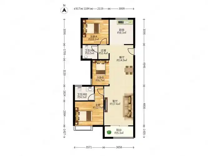 东方禾苑3室2厅2卫108.92㎡南北158万