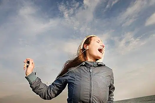 女人,穿,耳机,唱,音乐