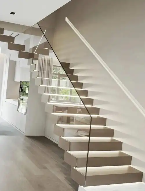 fashion stairs玻璃扶手 岩板踏步楼梯悬浮式的方块叠加,具有结构感