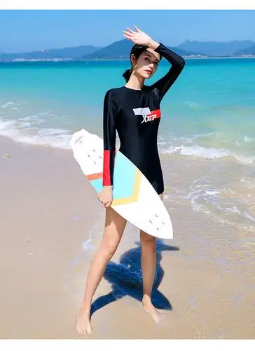 特步xtep 女款连体平角泳衣保守遮肚聚拢显瘦游泳衣女士撞色长袖泳衣