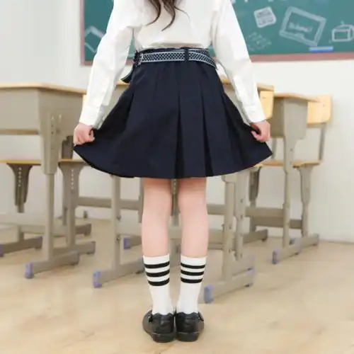 英伦蝴蝶结织带淑女百褶裙藏青半身裙女童裙子中大童学生校服短裙