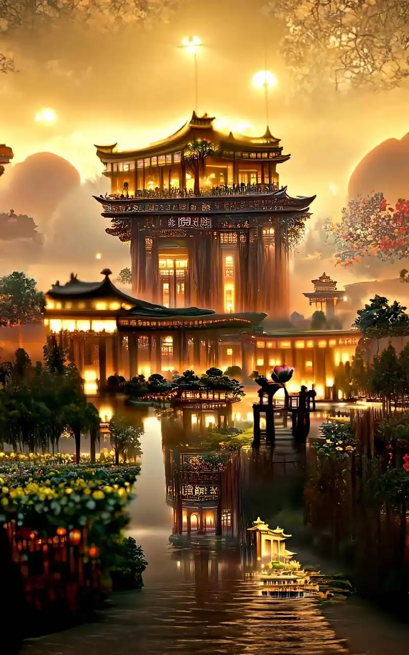 中国皇宫被金色玫瑰包围仙境华丽梦