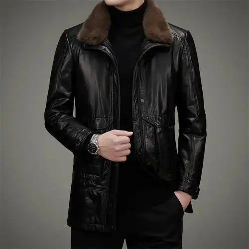 dafy品牌轻奢头层牛皮真皮皮衣男士冬装皮衣水貂毛领皮夹克男装羽绒服