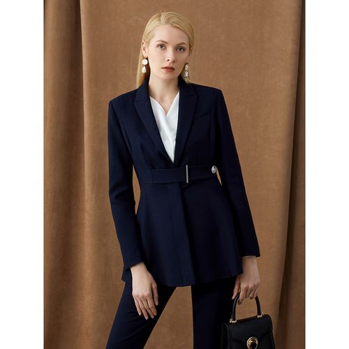 歌中歌秋款藏蓝简约羊毛蚕丝收腰外套女