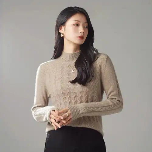 秋冬新款100羊毛衫女半高领短款百搭