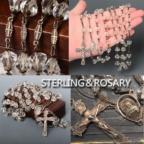 sold【精灵西洋收藏】纯银水晶珠 &浮雕十字架古董项链&老式盒