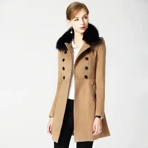 新款羊绒大衣2019品牌女装外套复古狐狸毛领双排扣修身中长款冬装
