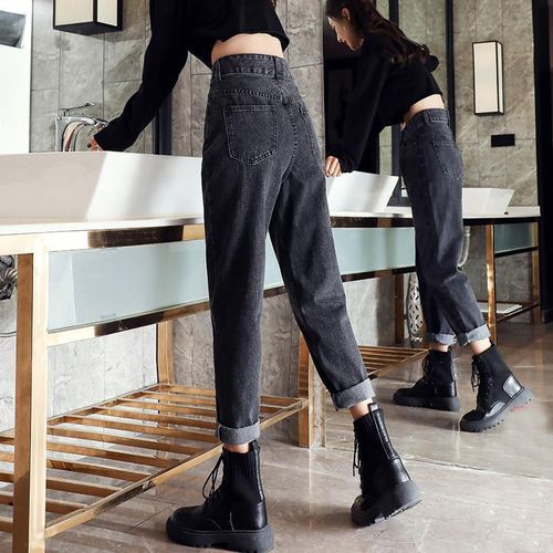 高腰显瘦灰色牛仔裤女春季新款弹力小脚裤显瘦百搭宽松垮裤哈伦裤