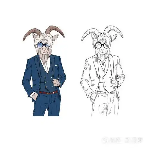 长胡子的山羊穿着考究的西装和眼镜拟人化动物illustrationand