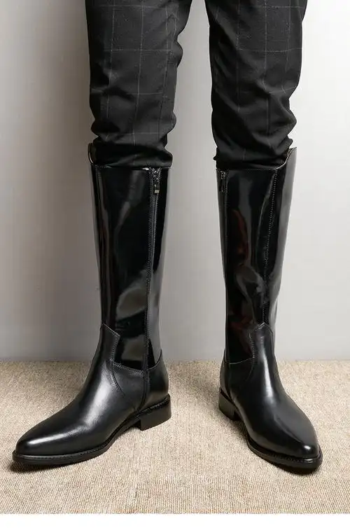 男士马靴长筒靴冬季长筒靴男美尖头皮靴马术长靴子高筒靴骑士靴 黑色