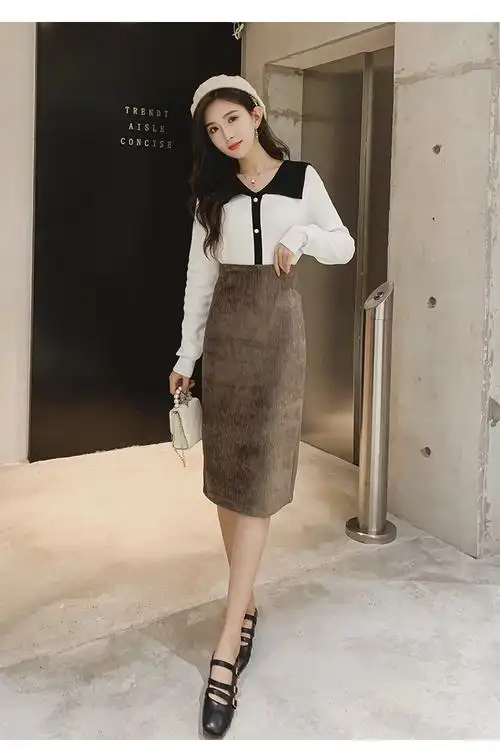 【时尚新款】 半身裙女百搭修身包臀裙中长款灯芯绒开衩一步裙q2746