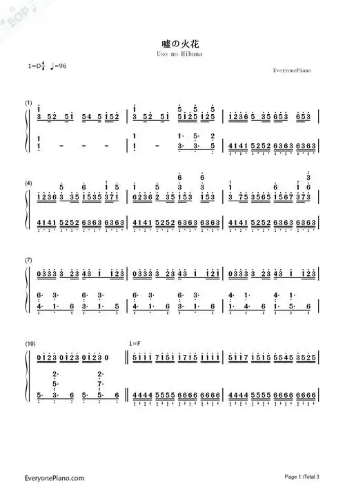 嘘の火花人渣的本愿片头曲双手简谱预览1