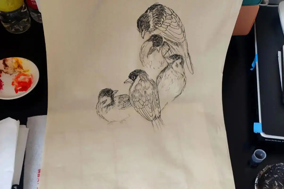 工笔麻雀.决定给家里画幅挂画,起稿以后发现工程量巨大,我痛苦 - 抖音