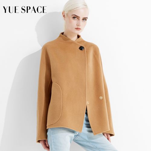 yuespace双面羊绒外套女士羊毛呢常规立领驼色宽松一粒扣上衣秋冬