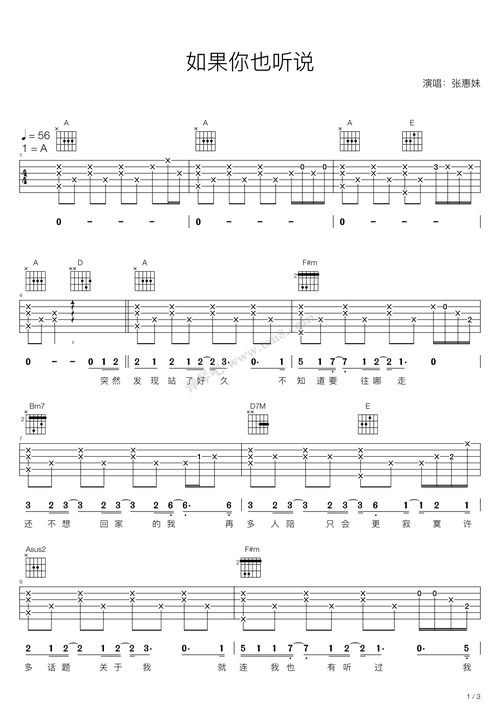 如果你也听说a调吉他弹唱谱张惠妹张惠妹六线谱